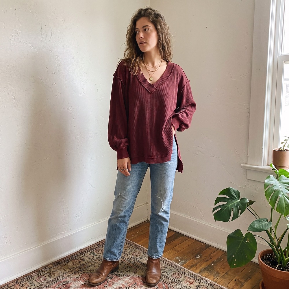 Free People We the Free Asher Thermal Oversized Shirt Womens Medium Red FLAWS